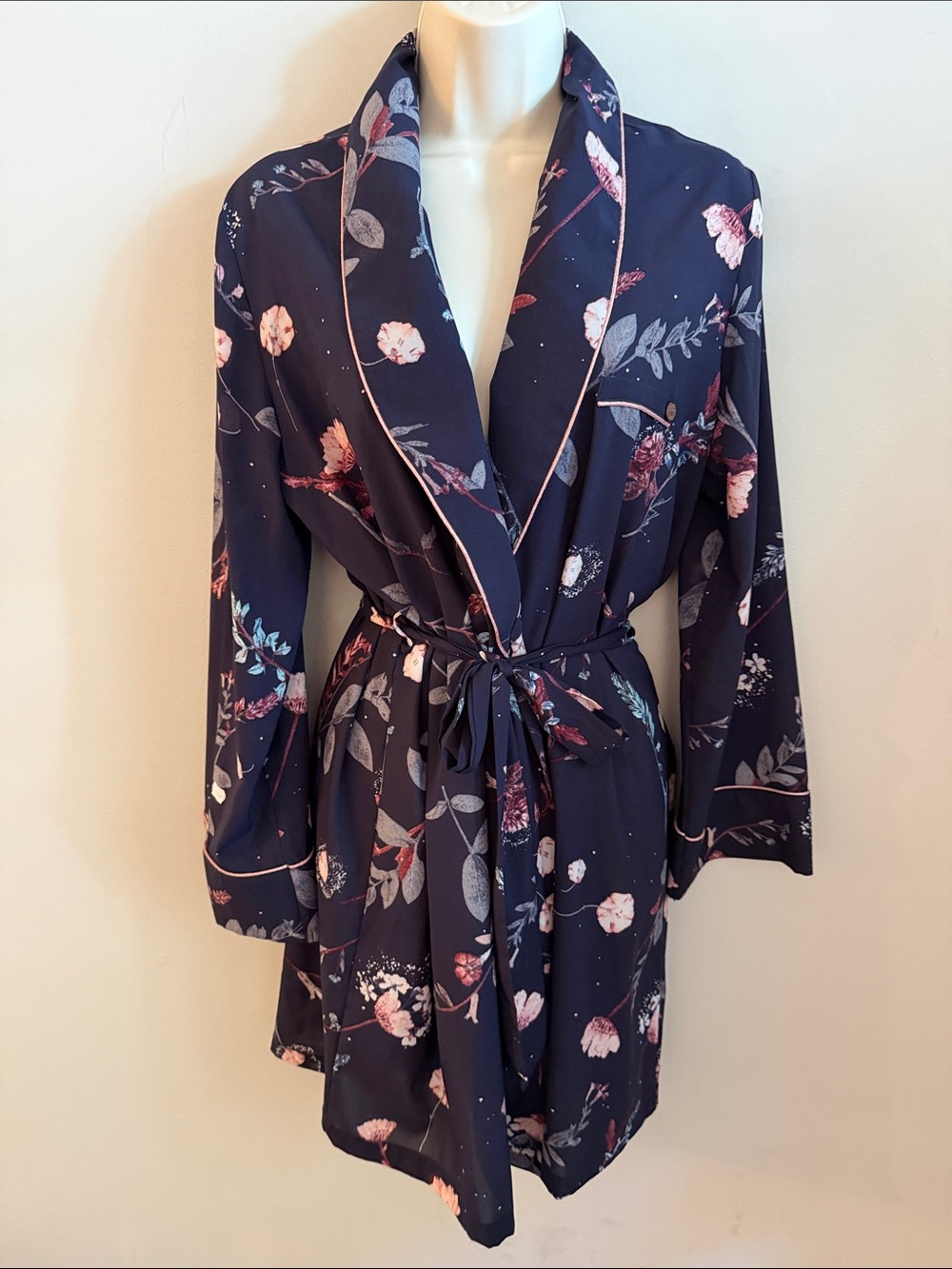 Floral Satin Wrap Robe - Navy with Pink Floral